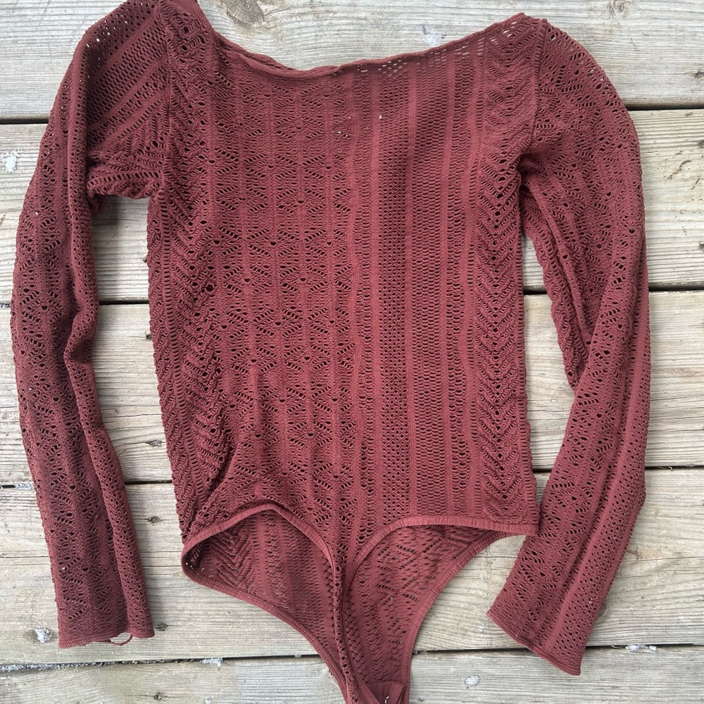 FREE PEOPLE Vtg 90s Grunge Rust Color Bodysuit See Through Stretch Thong M